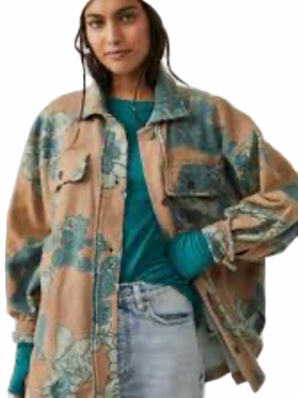 FREE PEOPLE Size XL RUBY Blue Tan Floral Oversized Button Up Shacket Boho Fall